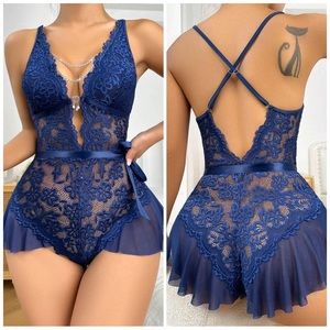 ❤️ NEW Floral Lace Chain Detail Belted Sleep Bodysuit Without Liner